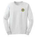 Front view of Sex Wax Fade white long sleeve T-shirt with small lime-green and yellow logo on left chest