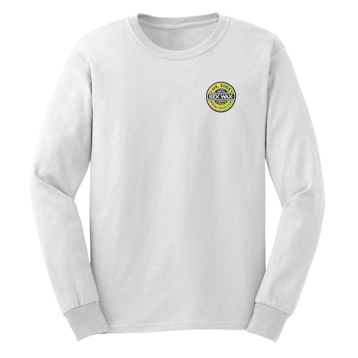 Front view of Sex Wax Fade white long sleeve T-shirt with small lime-green and yellow logo on left chest