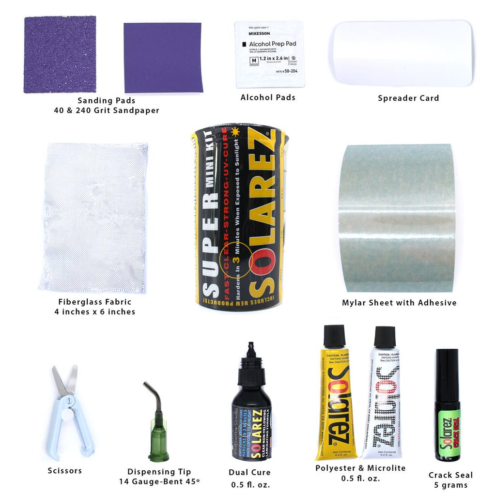 Solarez Mini Travel Kit polyester surfboard repair contents