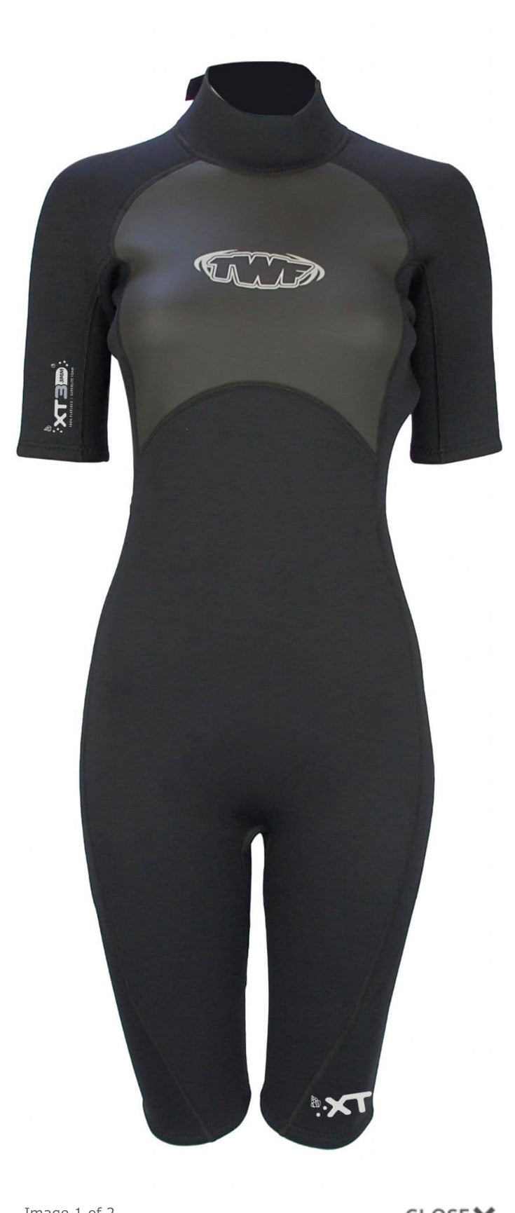 TWF XT3 women’s 3/2 back zip shortie wetsuit, product view 1