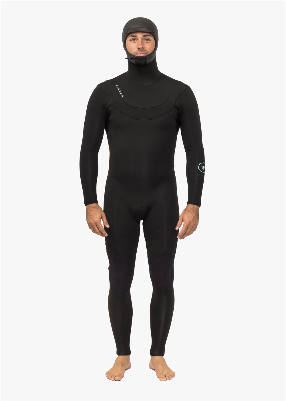 Vissla New Seas men's 4/3mm Hooded U-Zip wetsuit in black — front view with integrated hood