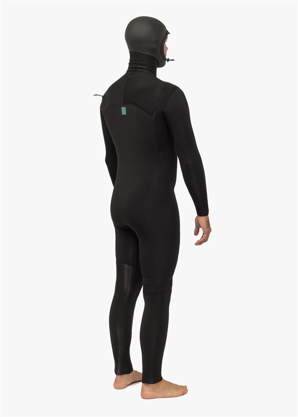 Vissla New Seas men's 4/3mm Hooded U-Zip wetsuit in black — back view with integrated hood