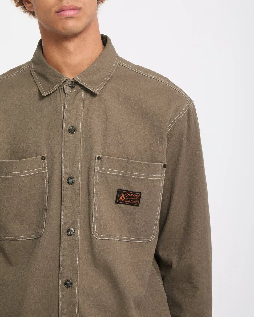 Volcom Levelstone Shirt in Earth, front detail