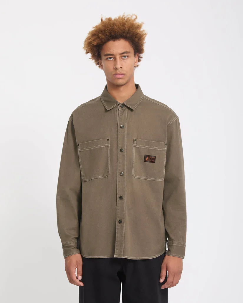 Volcom Levelstone Shirt in Earth, model front view
