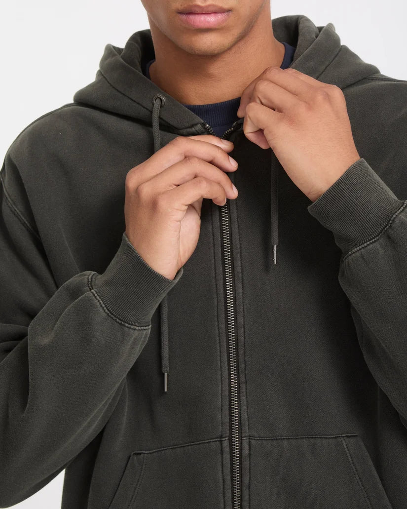 Volcom Single Stone Zip Hoodie in Rinsed Black, close-up detail