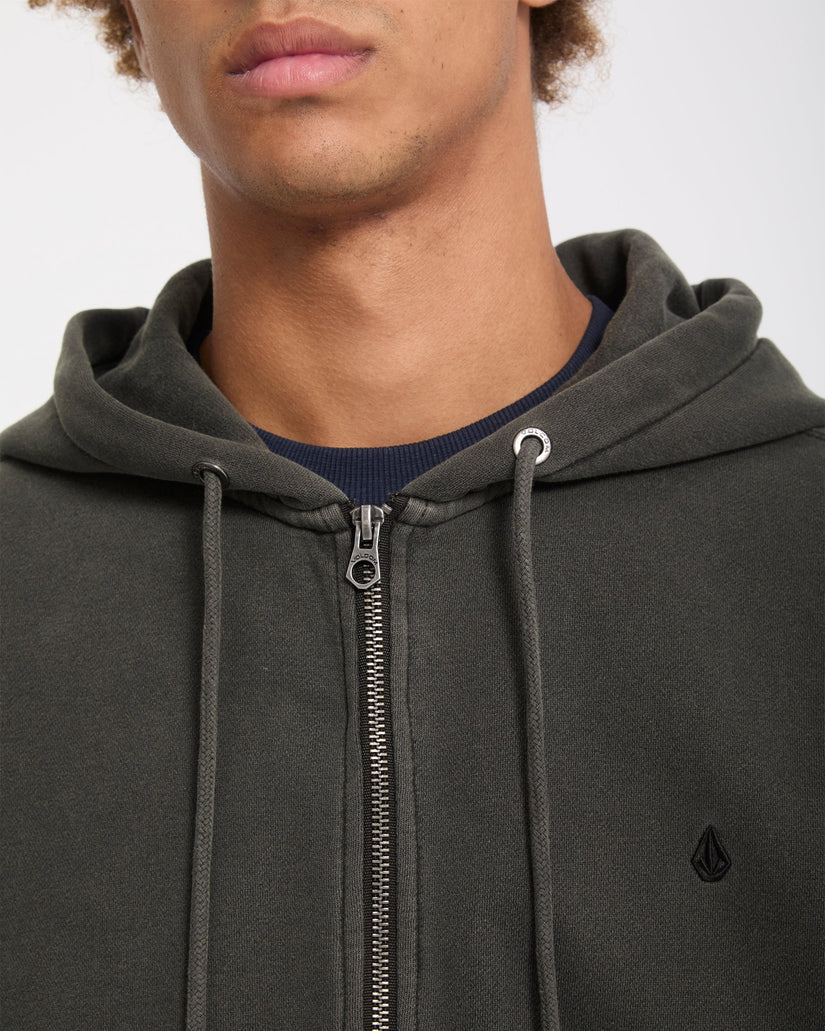 Volcom Single Stone Zip Hoodie in Rinsed Black, logo detail