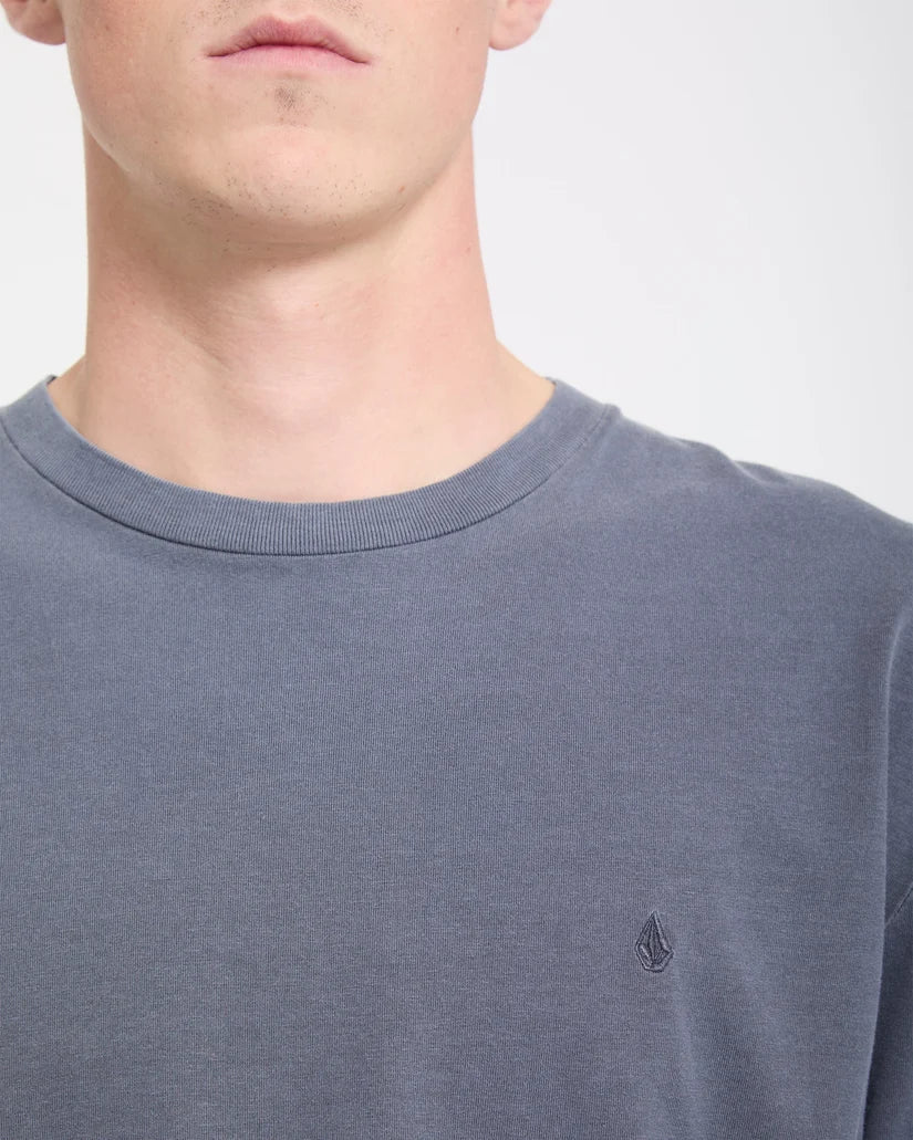 Volcom Solid Stone Tee in Storm Blue, chest embroidery detail