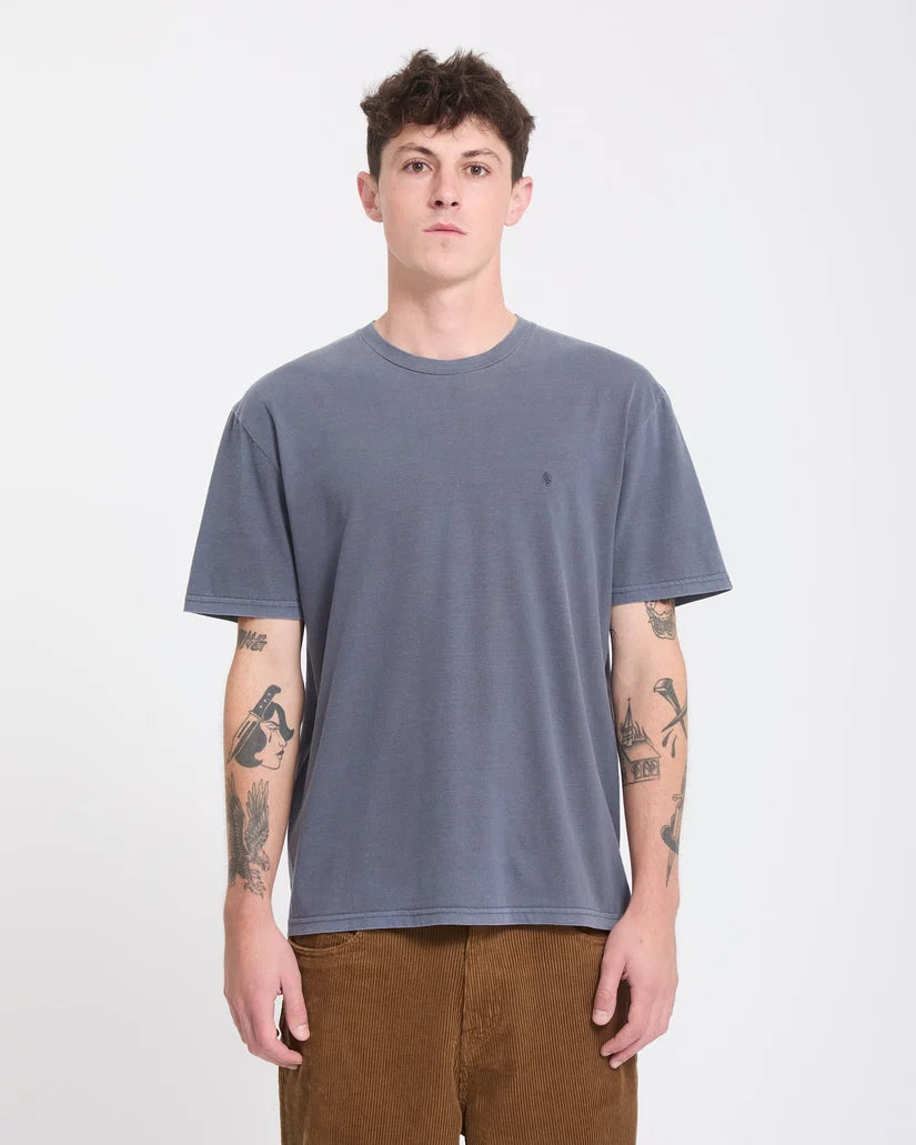 Volcom Solid Stone Tee in Storm Blue, model front view