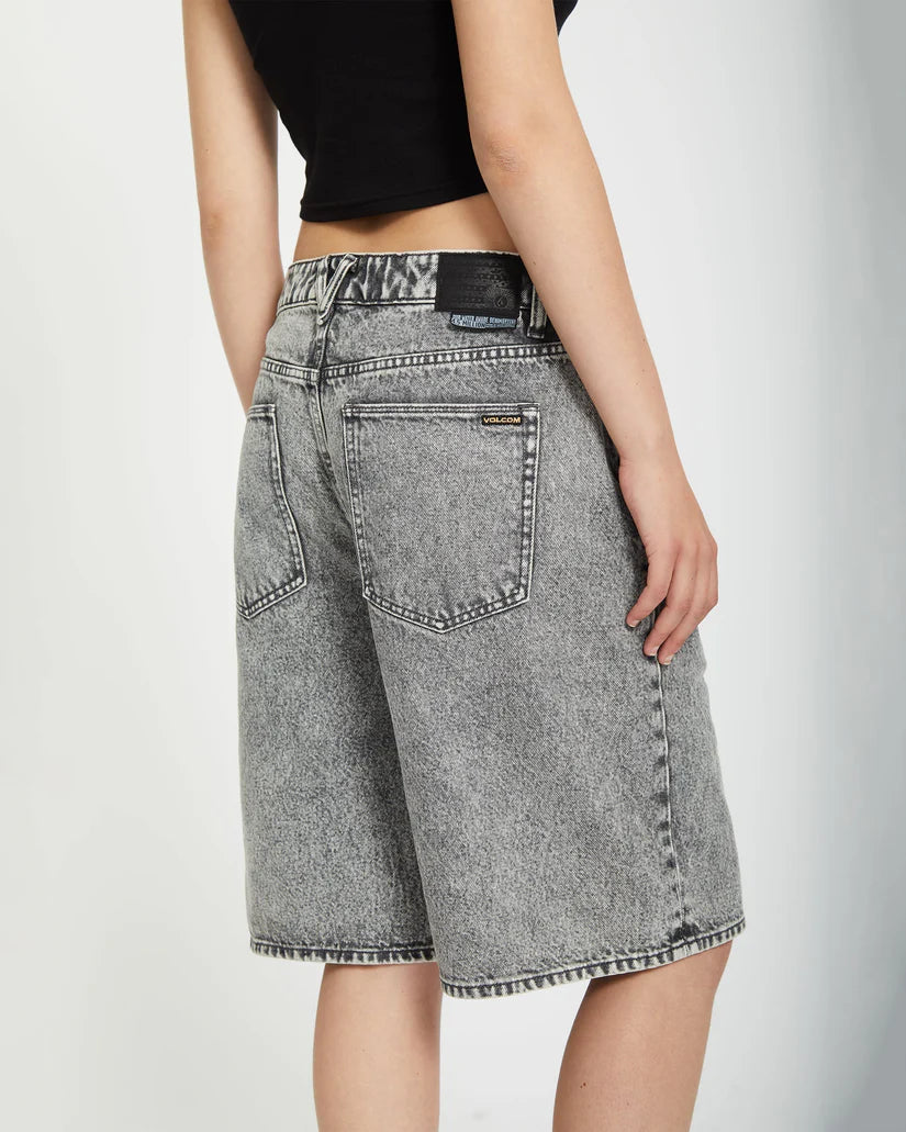 Volcom Women’s Beeggy Denim Shorts in grey, back view