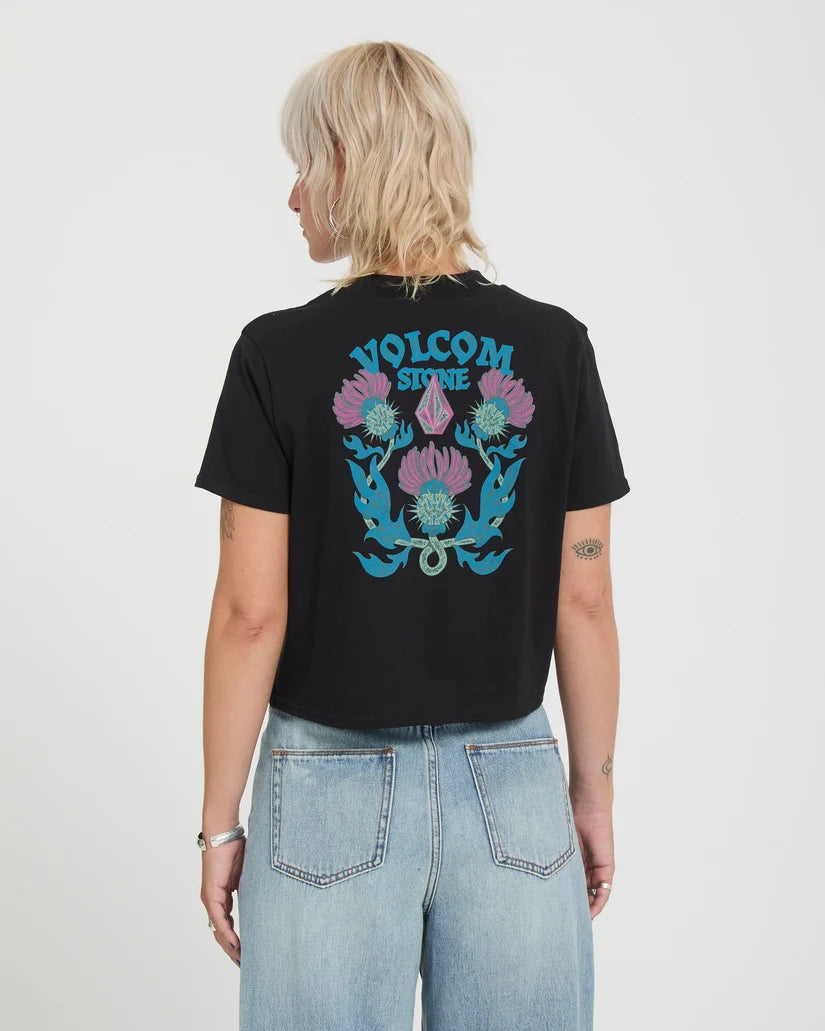 Volcom Women’s Dial Crop Tee in black, back view