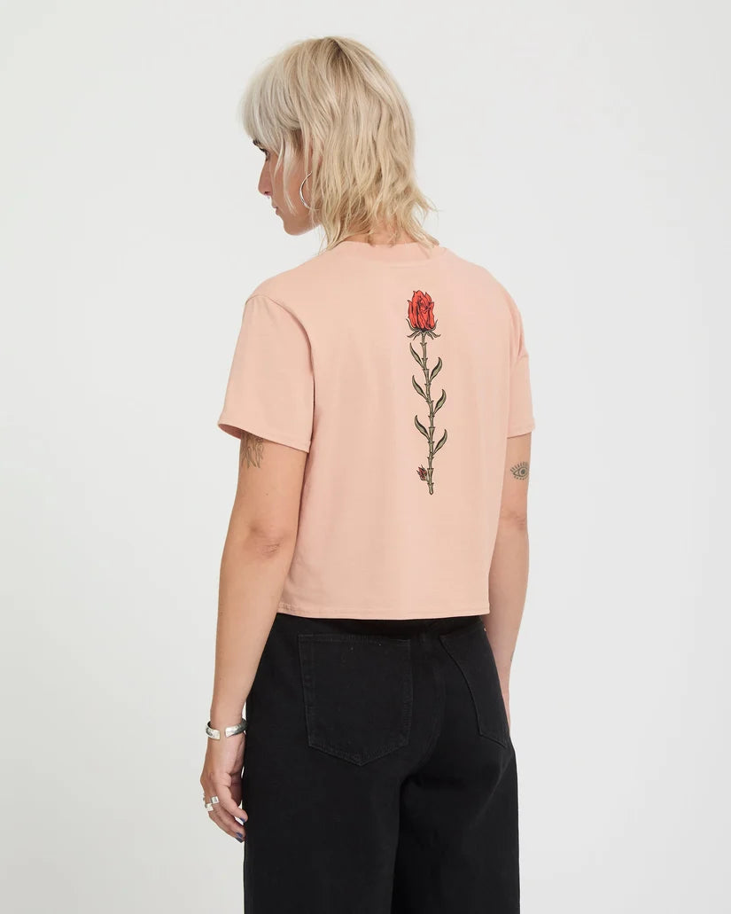 Volcom Women’s Dial Crop Tee in rose, back view