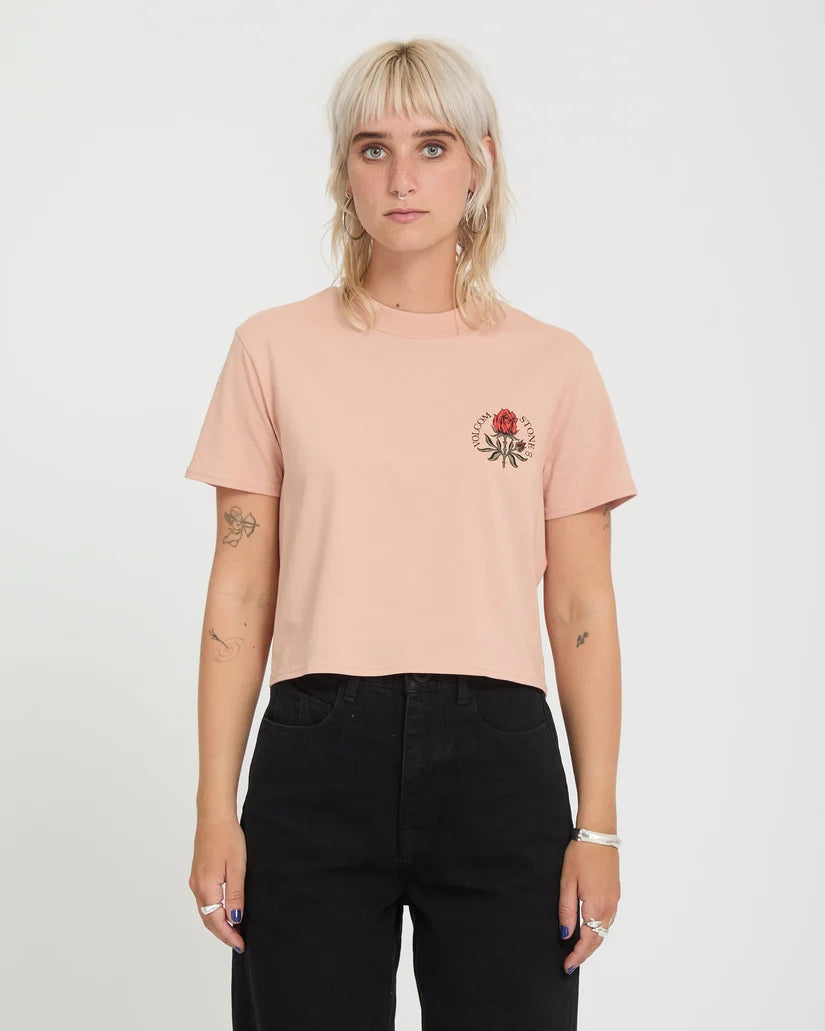 Volcom Women’s Dial Crop Tee in rose, front view