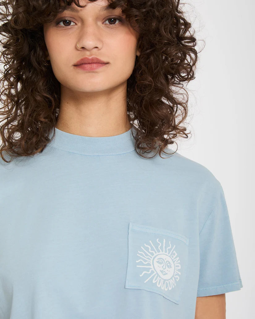 Volcom Women’s Pocket Dial T-Shirt in Cali Blue, detail view