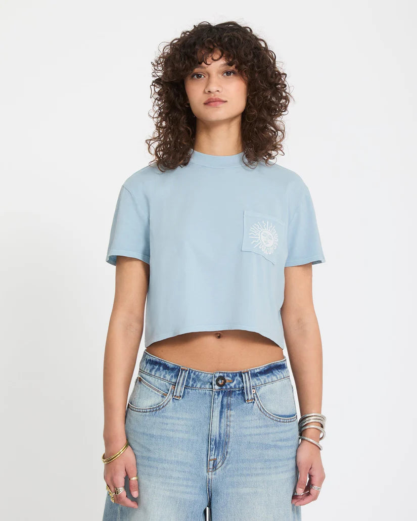 Volcom Women’s Pocket Dial T-Shirt in Cali Blue, front view