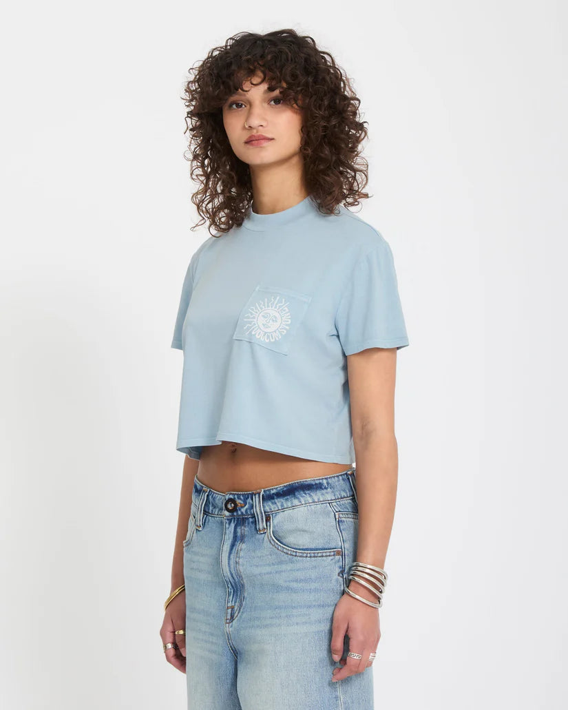Volcom Women’s Pocket Dial T-Shirt in Cali Blue, side view